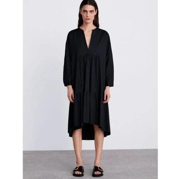ZARA Black Oversized Voluminous Asymmetric Poplin V-neck Ruffle Shirt Dress XS - Picture 9 of 9